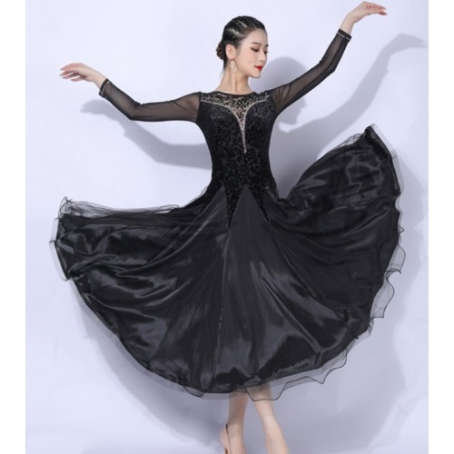 Women girls black velvet ballroom dance dresses with diamond bling waltz tango foxtrot smooth dance long gown rhythm dance long skirts for female